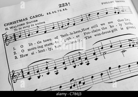 Chant de Noël 'O Little Town of Bethlehem' dans le Christian Science Hymnal Banque D'Images