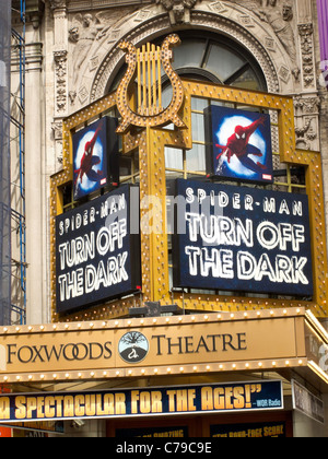 Marquee, Spider-Man "Mise hors tension de l'obscurité' spectacle à Broadway, Foxwoods Theatre, 42e Rue, Times Square, NYC Banque D'Images