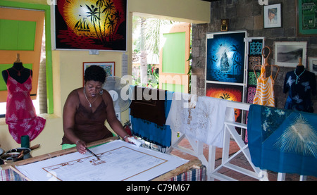 Peinture femme Caribelle Batik Romney Manor St Kitts Caribbean Banque D'Images