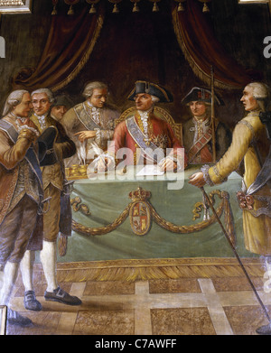 Charles III (1716-1788). Le roi d'Espagne s'abaisse la taxe d'étrangers pour promouvoir le commerce espagnol avec les Indes. Par Muntanya. Banque D'Images