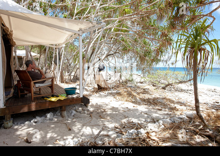 Tente de luxe sur pilotis sur la plage sous les arbres Pandanus Wilson Island Resort l'Île Wilson partie de la Capricornia Cays Na Banque D'Images