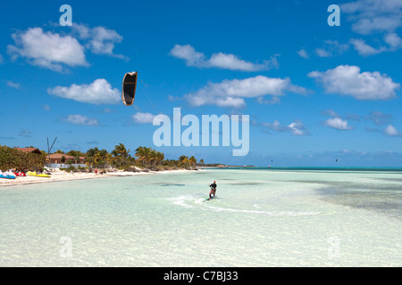 Kitesurfer près de plage, Cayo Guillermo, Jardines del Rey, Ciego de Avila, Cuba, Caraïbes Banque D'Images