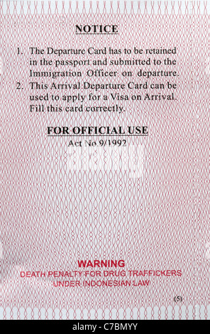 Carte de débarquement débarquement formulaire d'immigration demande de visa de voyage Carte de l'Agence des frontières tourisme asie requis essentiels Banque D'Images