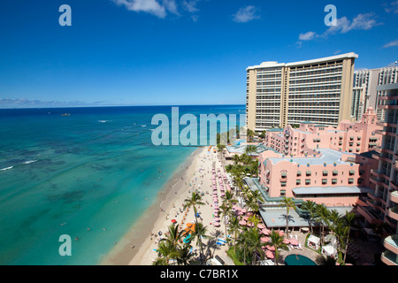Hôtel Royal Hawaiian, la plage de Waikiki, Honolulu, Oahu, Hawaii Banque D'Images
