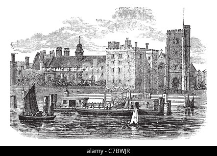 Lambeth Palace, London vintage la gravure. Vieille illustration gravée de la célèbre Lambeth Palace à Londres, années 1800. Banque D'Images