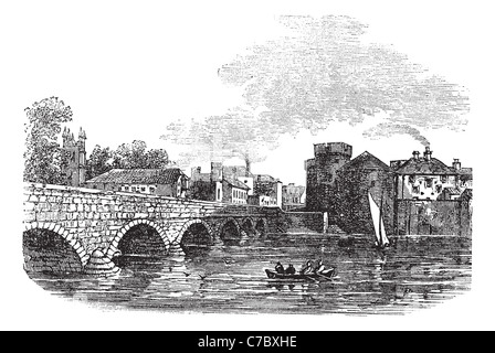 Thomond Bridge et King John's Castle, Limerick, Irlande vintage engraved illustration. Encyclopédie Trousset (1886 - 1891). Banque D'Images