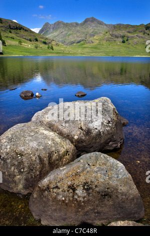 Blea Tarn, Lake District, Langdale, avec vue sur la chaîne des Langdale Pikes et les rochers au premier plan Banque D'Images