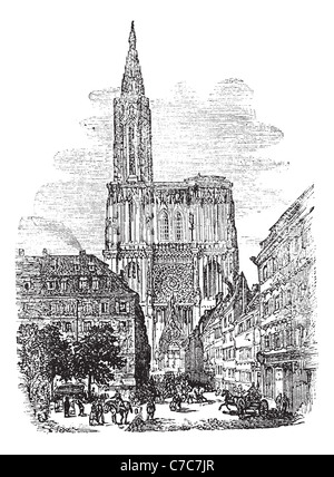 La cathédrale de Strasbourg ou la cathédrale de Notre-Dame de Strasbourg à Strasbourg, en France, au cours des années 1890, vintage la gravure. Banque D'Images