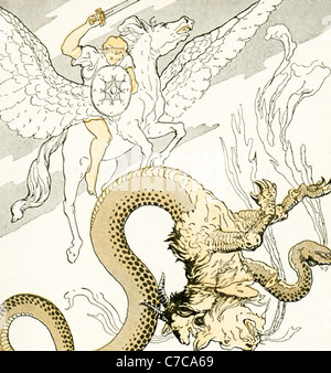 Selon la mythologie grecque, le héros Bellérophon, avec l'aide de l'cheval ailé Pégase, tua le monstre que la chimère. Banque D'Images