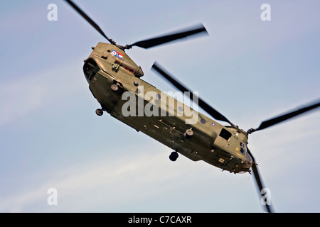 L'hélicoptère RAF CH-47 Chinook était un avion vedette au Royal International Air Tattoo, mettant en valeur sa polyvalence dans le transport de troupes et les capacités de transport lourd. Cet hélicoptère bi-rotor est vital pour les opérations militaires et les missions humanitaires. Banque D'Images