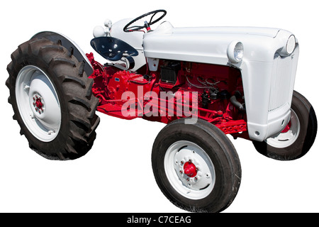 Vintage tracteur rouge et blanc isolated on White Banque D'Images