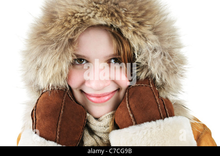 Belle jeune femme à capuche fourrure manteau d'hiver de Banque D'Images