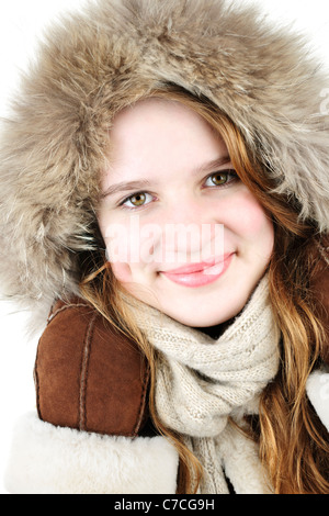 Portrait de la belle jeune femme en fourrure manteau d'hiver de la hotte Banque D'Images