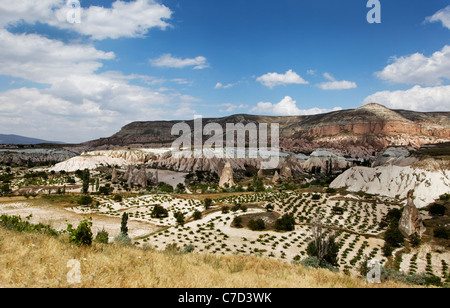 Scenic des ombres de nuages soleil errant sur les terres arables et de cendres volcaniques, des montagnes de grès calcaire paysage de la Cappadoce Banque D'Images