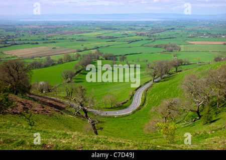 Vue panoramique vers la rivière Severn sur une mosaïque de champs avec une route sinueuse à l'avant-plan, Coaley vue pic, Gloucestershire, Royaume-Uni Banque D'Images