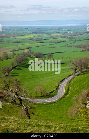 Vue panoramique vers la rivière Severn sur une mosaïque de champs avec une route sinueuse à l'avant-plan, Coaley vue pic, Gloucestershire, Royaume-Uni Banque D'Images