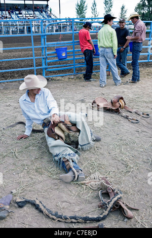 Concurrent s'apprête à prendre part à l'événement de la circonscription bronco rodeo tenue sur la réserve de Fort Hall dans le Wyoming. Banque D'Images