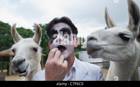 Des O'Connor, star du Zoo de Londres est tard nuit cabaret d'ouverture, la loi donne la dernière touche à son maquillage sous le Banque D'Images