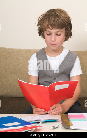 Garçon faire ses devoirs dans le salon Banque D'Images