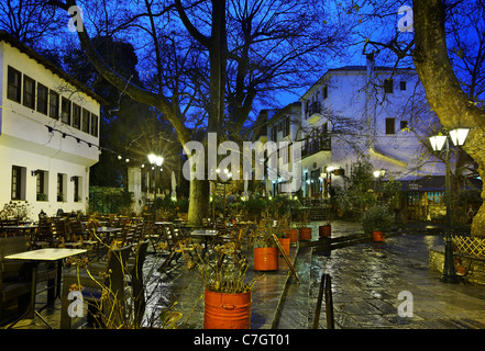 Vue nocturne de la place centrale du village de Portaria, Pelion Mountain, magnésie, Thessalie, Grèce Banque D'Images