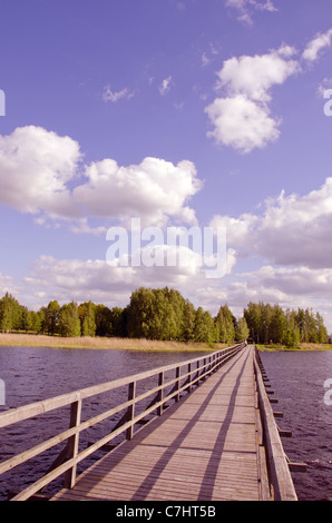 Passerelle en bois avec mains courantes sur le lac et l'homme marcher loin. Forêt dans la distance et le ciel nuageux. Banque D'Images