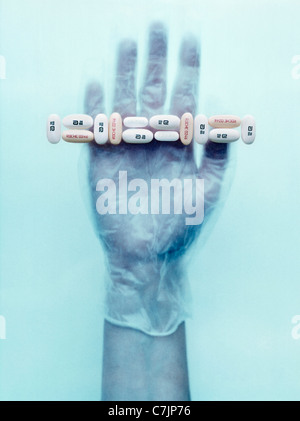 Gloved hand holding pills Banque D'Images