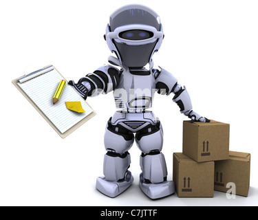 3D render of a robot avec presse-papiers et cartons Banque D'Images