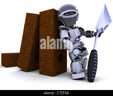 3D render of a robot avec briques et truelle Banque D'Images