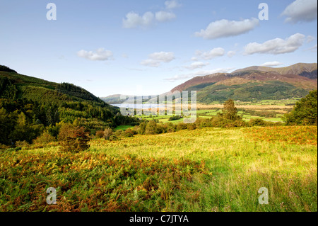 Whinlatter Pass dans le Lake District, Cumbria, Angleterre avec Derwentwater (Lac Derwent) dans la distance Banque D'Images