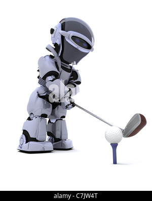 3D render of robot avec jouer au golf club Banque D'Images