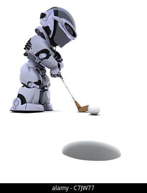 3D render of robot avec jouer au golf club Banque D'Images