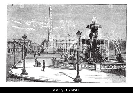 Place de la Concorde à Paris, France, pendant les années 1890, gravure d'époque. Vieille illustration gravée de la Place de la Concorde. Banque D'Images