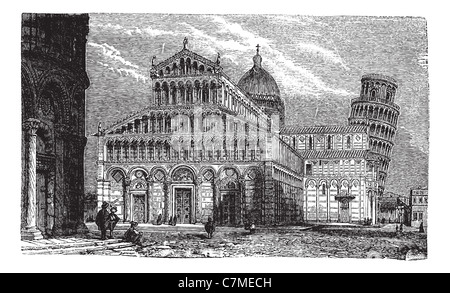 Tour Penchée, la cathédrale et le baptistère de Pise, vintage engraved illustration.encyclopédie Trousset (1886 - 1891). Banque D'Images