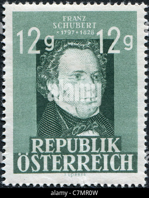 Autriche - 1947 : timbre imprimé en Autriche, est dédié au 150e anniversaire de Franz Peter Schubert Banque D'Images