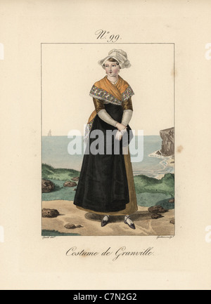 Costume de Granville. Les femmes de Granville s'habillent de tissus très fins, mais ne jamais porter de la dentelle à leurs bonnets. Banque D'Images