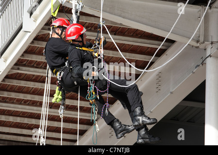 Une paire des pompiers lors d'un exercice de sauvetage corde Banque D'Images