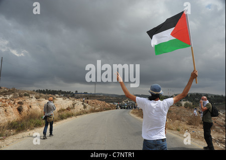 Le village de Nabi Saleh, 23 septembre 2011, jour de la demande à l'ONU pour la reconnaissance de l'État palestinien, en. Banque D'Images