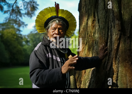 Le chef indien Raoni à Cheverny, chef indien Raoni au pied de Sequoia Banque D'Images