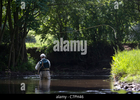 Fly fisherman casting une ligne dans la rivière Banque D'Images