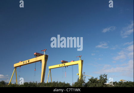 Harland and Wolff bras double grues de chantier naval, Samson et Goliath vue d'Est Belfast, en Irlande du Nord, Royaume-Uni. Banque D'Images