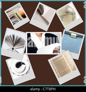 Collage sur le thème de la bibliothèque ou collection de photos à propos de l'éducation et de bibliothèque. Banque D'Images
