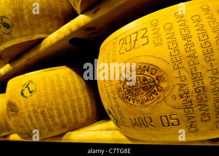 L'Italie, l'Emilie Romagne, Castelnovo Rangone. Le fromage parmesan dans la salle de stockage Banque D'Images