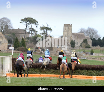 Le champ effacer la dernière au duc de Beaufort Chasse du Point-à-point 2009, Gloucestershire UK Banque D'Images