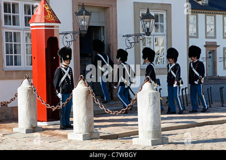 La peau de barbe est entrée dans les gardes-vie royaux - changement de la garde au palais de Fredensborg près de Copenhague, Danemark. Fente de Fredensborg. Banque D'Images