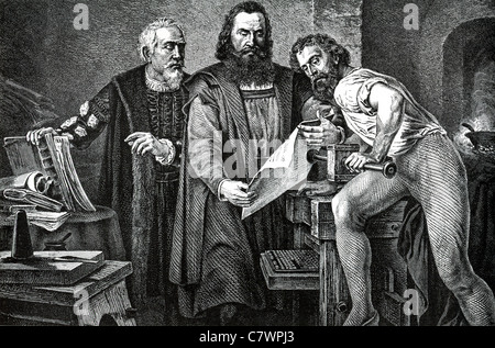 Gutenberg (à gauche) se distingue avec son associée, Johann Fust, et son assistant, Peter Schoeffer, contemplant la première 'preuve'. Banque D'Images