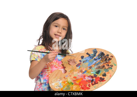 Petite fille avec palette colorés isolé sur fond blanc Banque D'Images