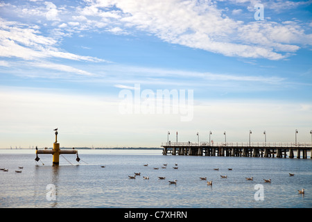 Pier le matin. Orlowo, Pologne. Banque D'Images