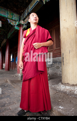 L'Amarbayasgalant Monastère monk se poser juste avant que le canon bouddhiste des proies en temple. La Mongolie Banque D'Images