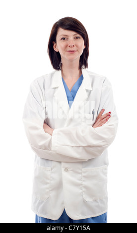 Femme médecin confiant avec les mains pliées isolated over white background Banque D'Images