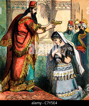 Histoires de la Bible - Illustration du roi Assuérus plaçant la couronne sur la tête d'Esther faire sa reine Banque D'Images